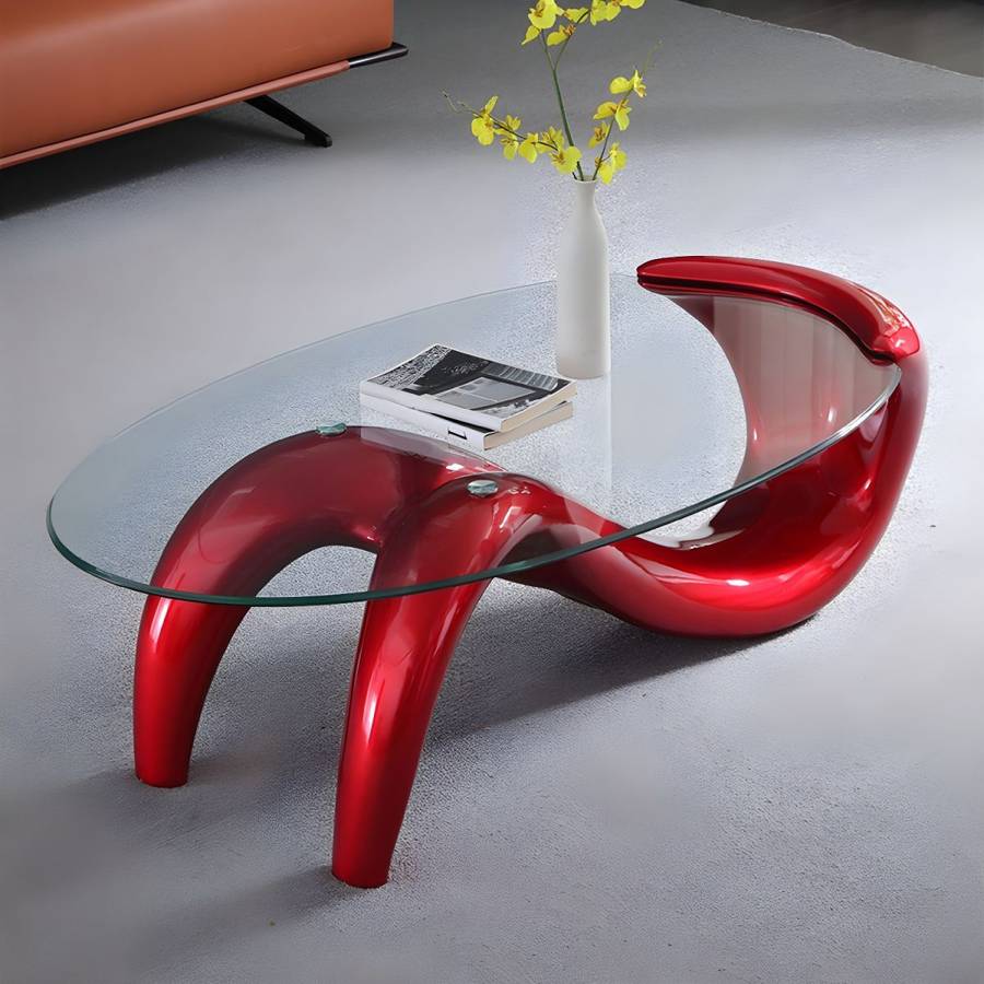 Glass Top Oval Coffee Table - Red