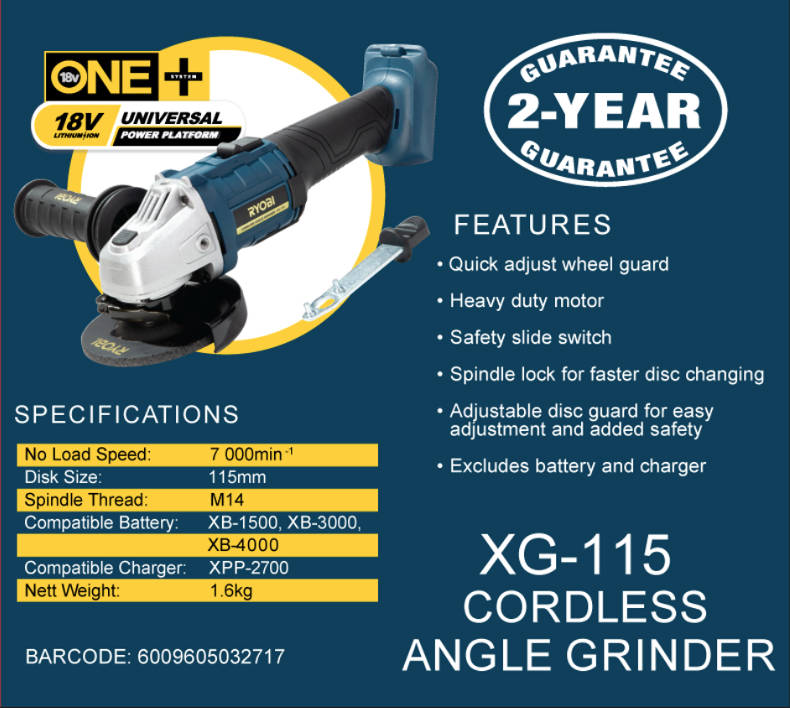 Ryobi 18V Li-Ion Cordless 115 mm Angle Grinder XG-115-(NO BATTERY)