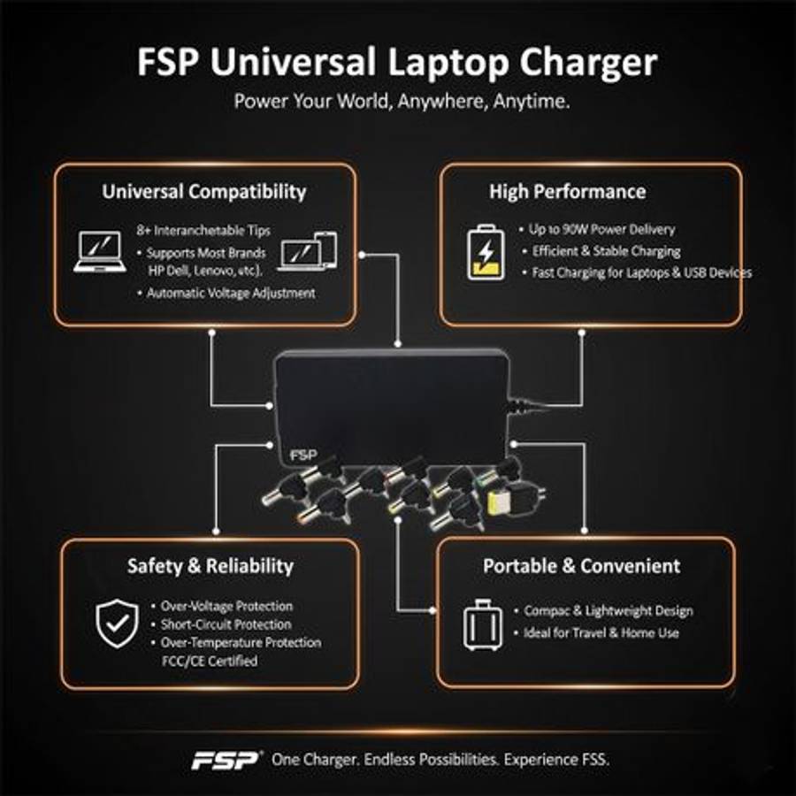 FSP - NB PRO 90W Universal Laptop Adapter - Black - FSP - NB PRO 90W Universal Laptop Adapter - B...