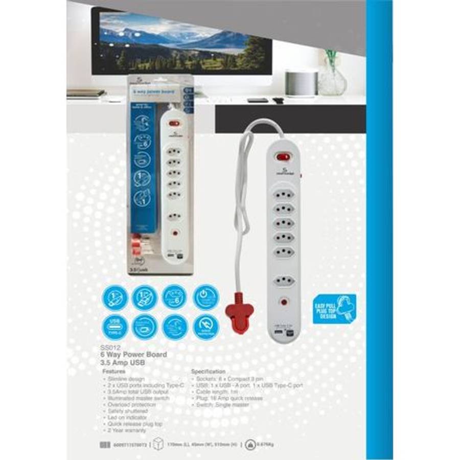 Smartsocket - 6 Way Power Board 3.5 Amp USB - SS012 - Smartsocket - 6 Way Power Board 3.5 Amp USB...