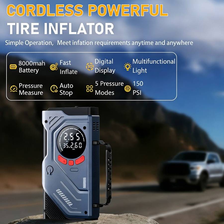 8000mAh Jump Starter with 150PSI Air Compressor, 12V Battery Pack