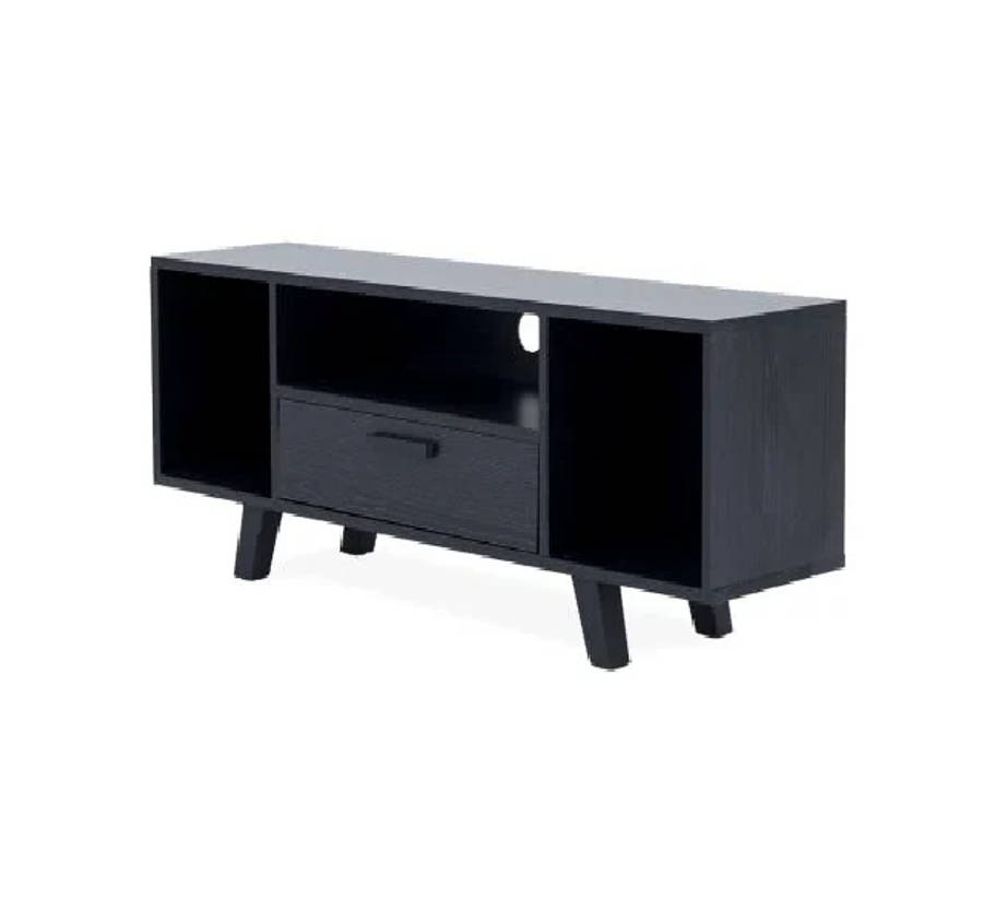 Modern TV Unit with Hinged Storage Door & Open Shelves - MDF Superwood - Black