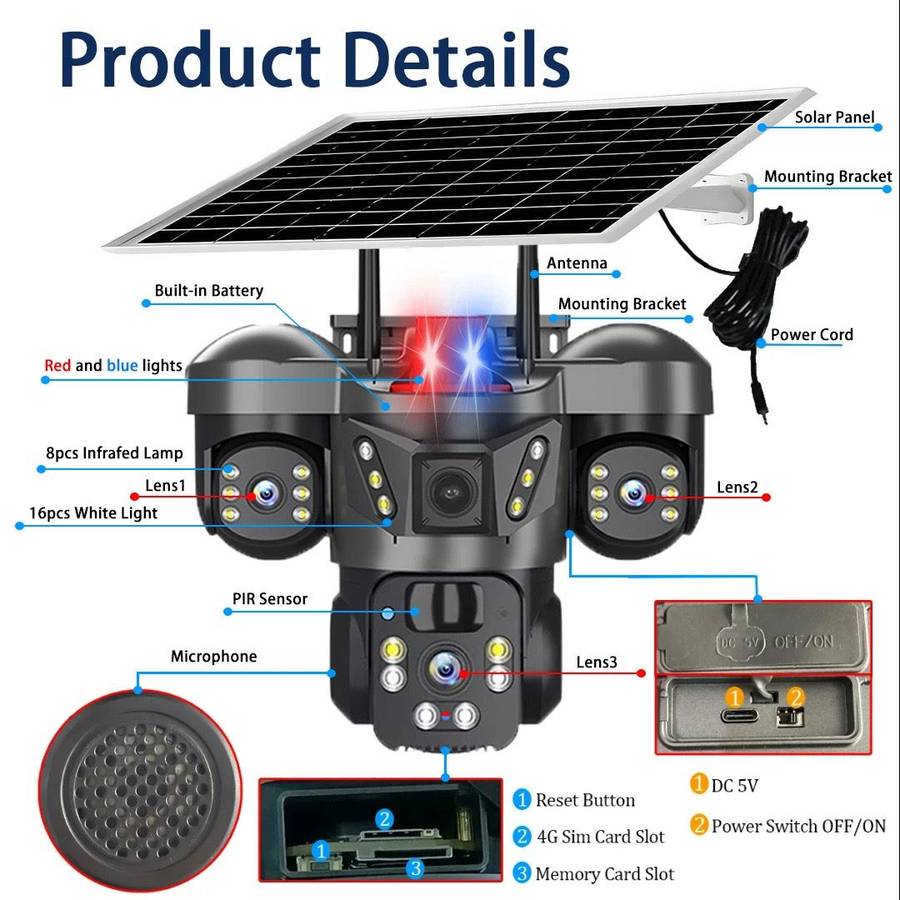Solar Security Wi-Fi Camera, 3 lenses, 12MP, night vision, waterproof.