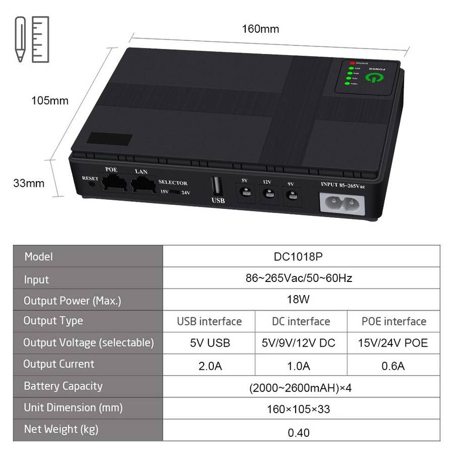 10400 mAh Mini UPS Backup Power Supply for Wifi Router and Support POE