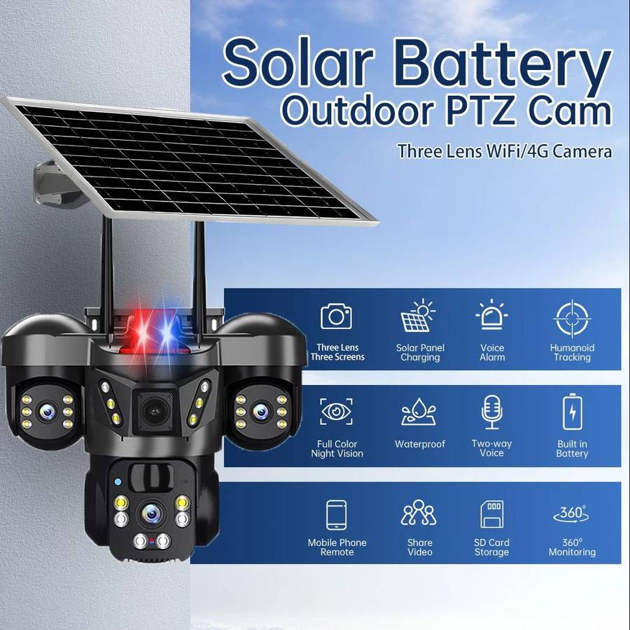 Solar Security Wi-Fi Camera, 3 lenses, 12MP, night vision, waterproof.