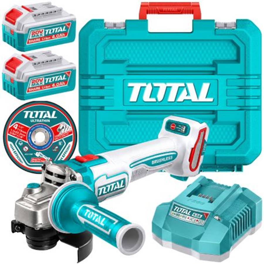 Total tools - Cordless Angle Grinder with 2x5Ah Batteries, Charger & Discs - Total tools - Cordle...
