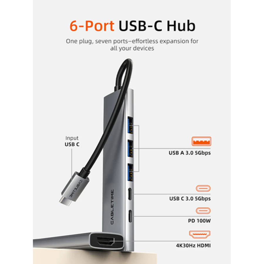 Cabletime - 6 IN 1 USB C Hub with HDMI and 100W Power Delivery - Cabletime - 6 IN 1 USB C Hub wit...