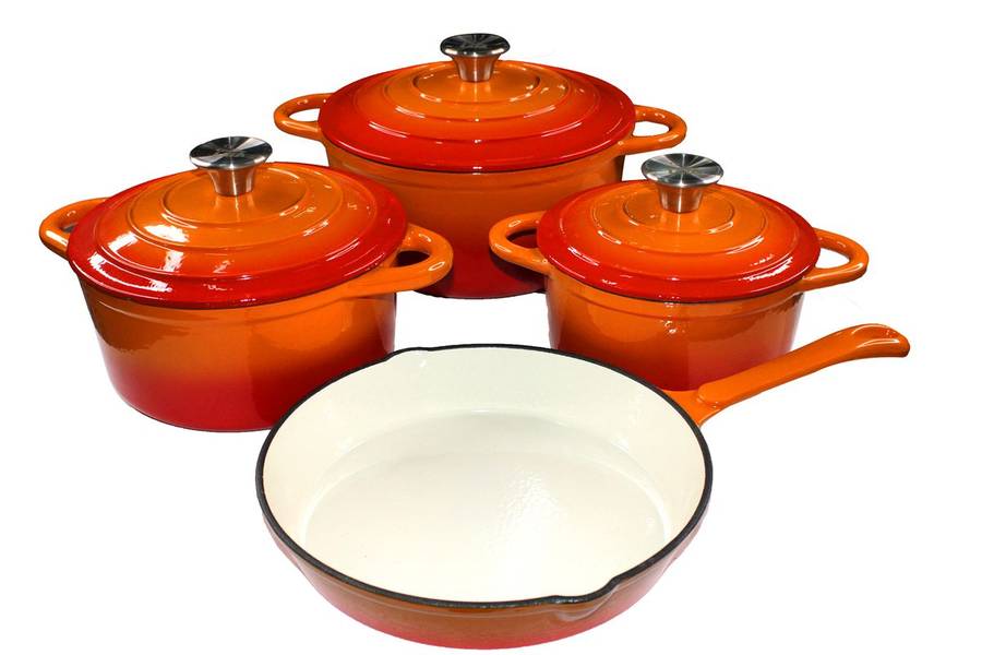 LMA Branded 7 Piece Cast Iron Dutch Oven Cookware Set - Sunset Orange (