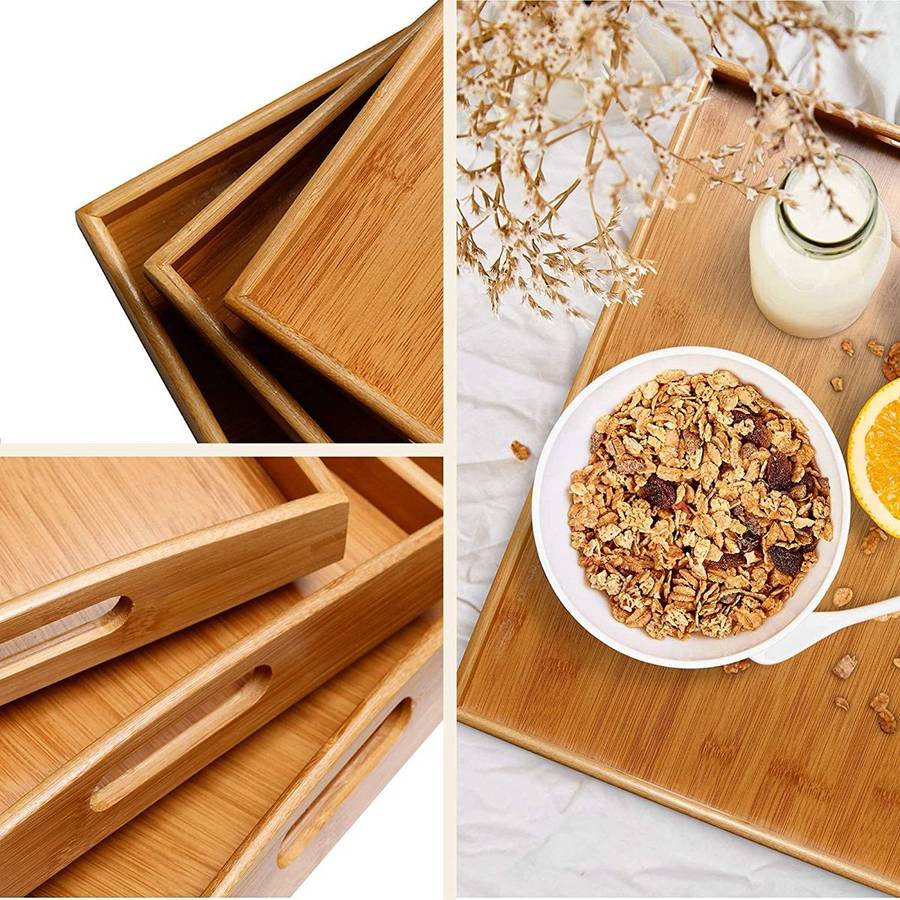 3 Piece Sturdy Rectangle Wooden Tray Set