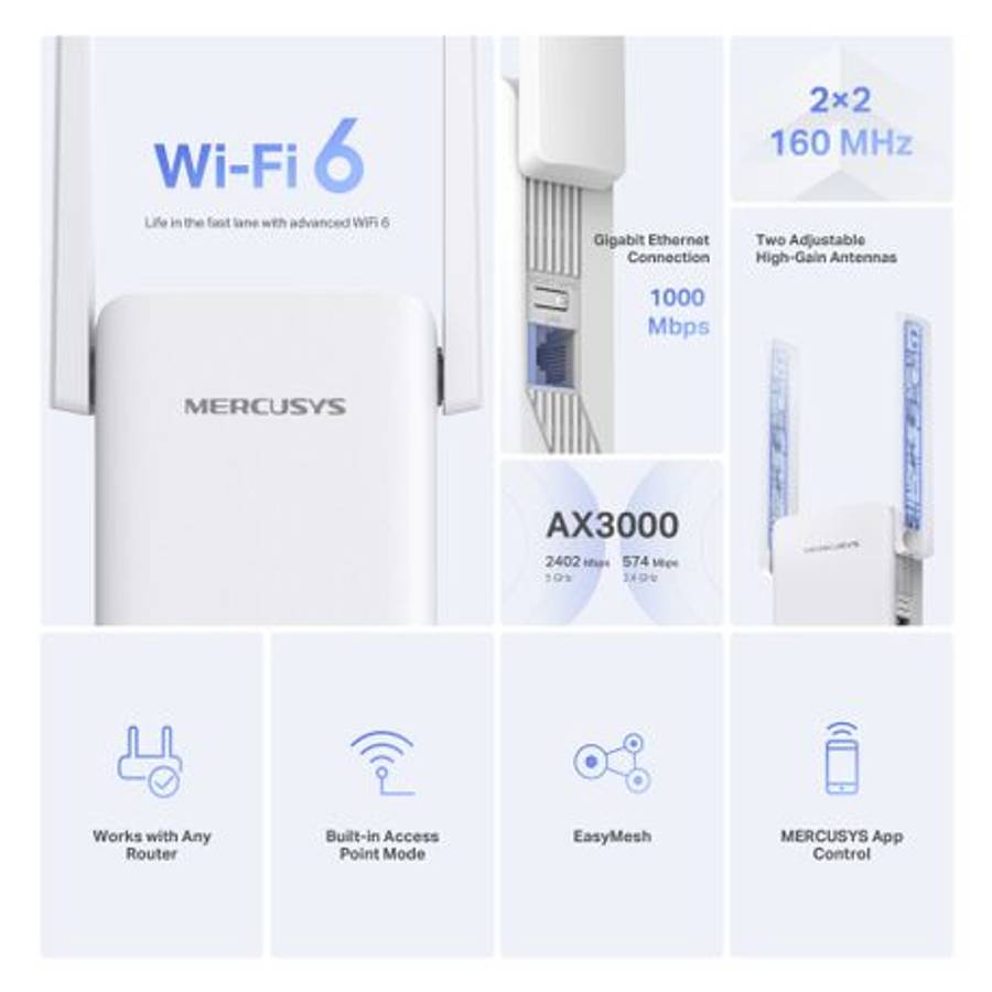 Mercusys - ME80X AX3000 Wi-Fi 6 Range Extender Dual Band - Mercusys - ME80X AX3000 Wi-Fi 6 Range ...