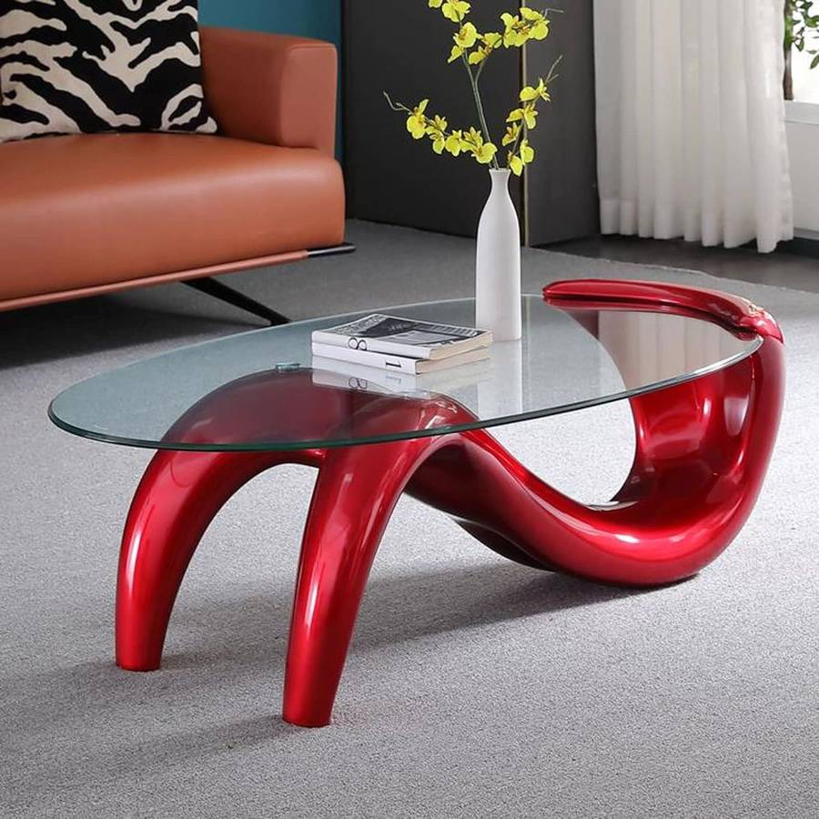 Coffee Tables - Tempered Oval Glass - Red Colour