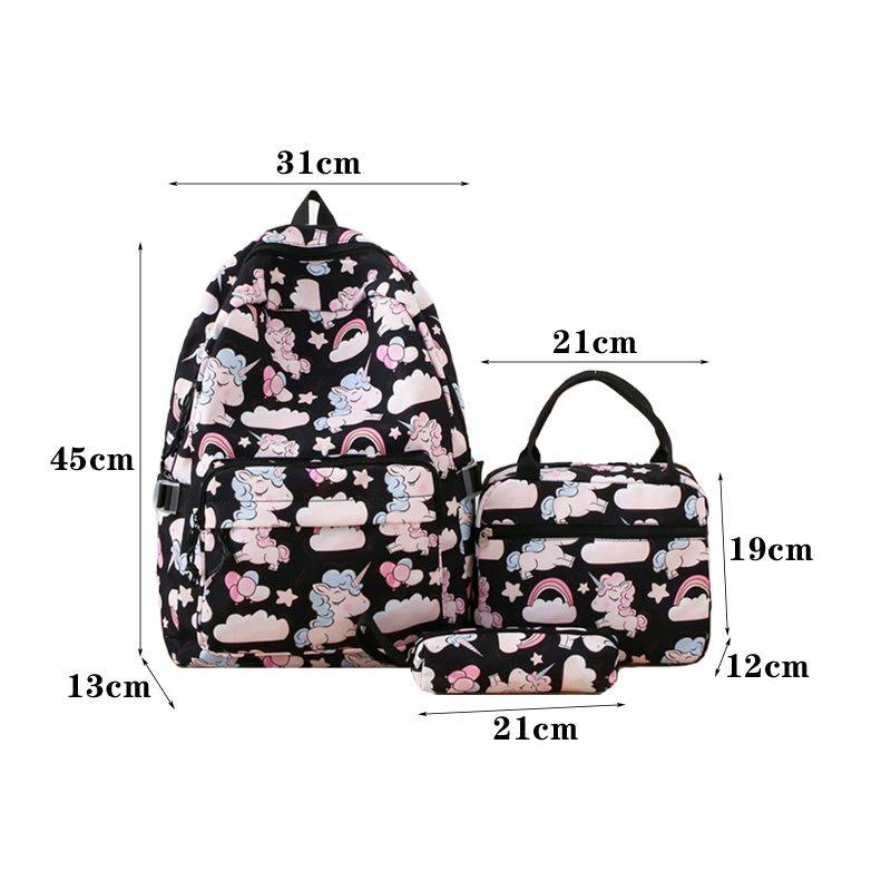 Unicorn Girls School Backpacks With Lunch Bag and Pencil Case - Black