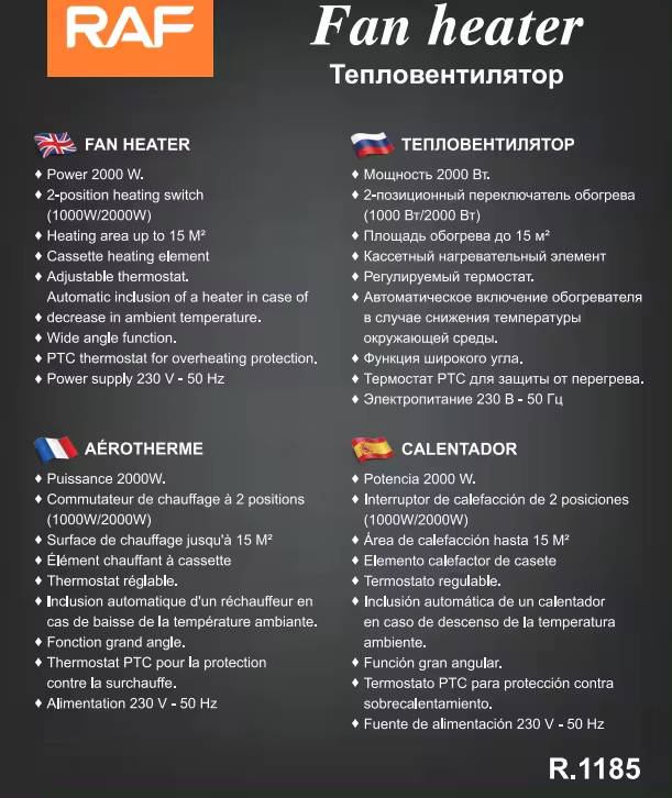 2000W RAF FAN Heater. Hot or Cold Function.