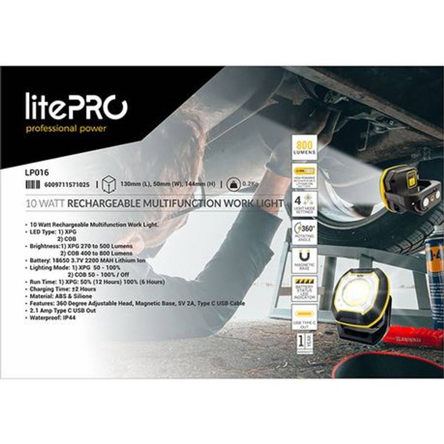 LitePro 10W Rechargeable Multifunction Work Light (800 Lumens) - Black - LitePro 10W Rechargeable...