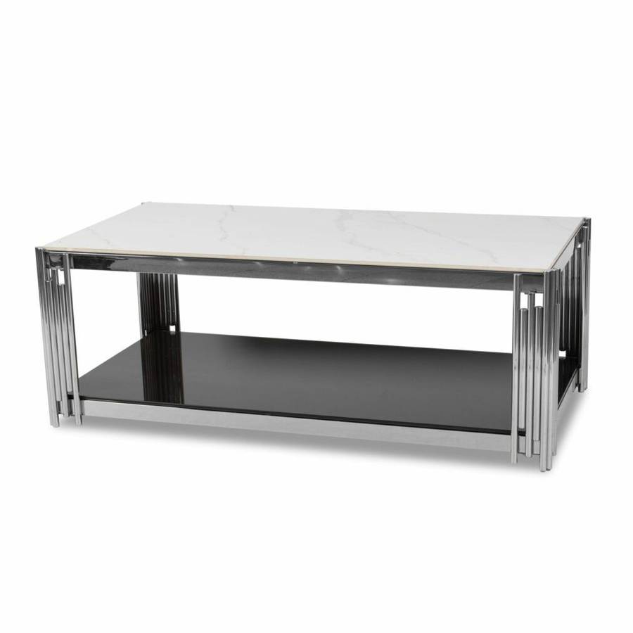 Coffee Tables - Rectangular Faux Marble Top with Steel Frame - Silve