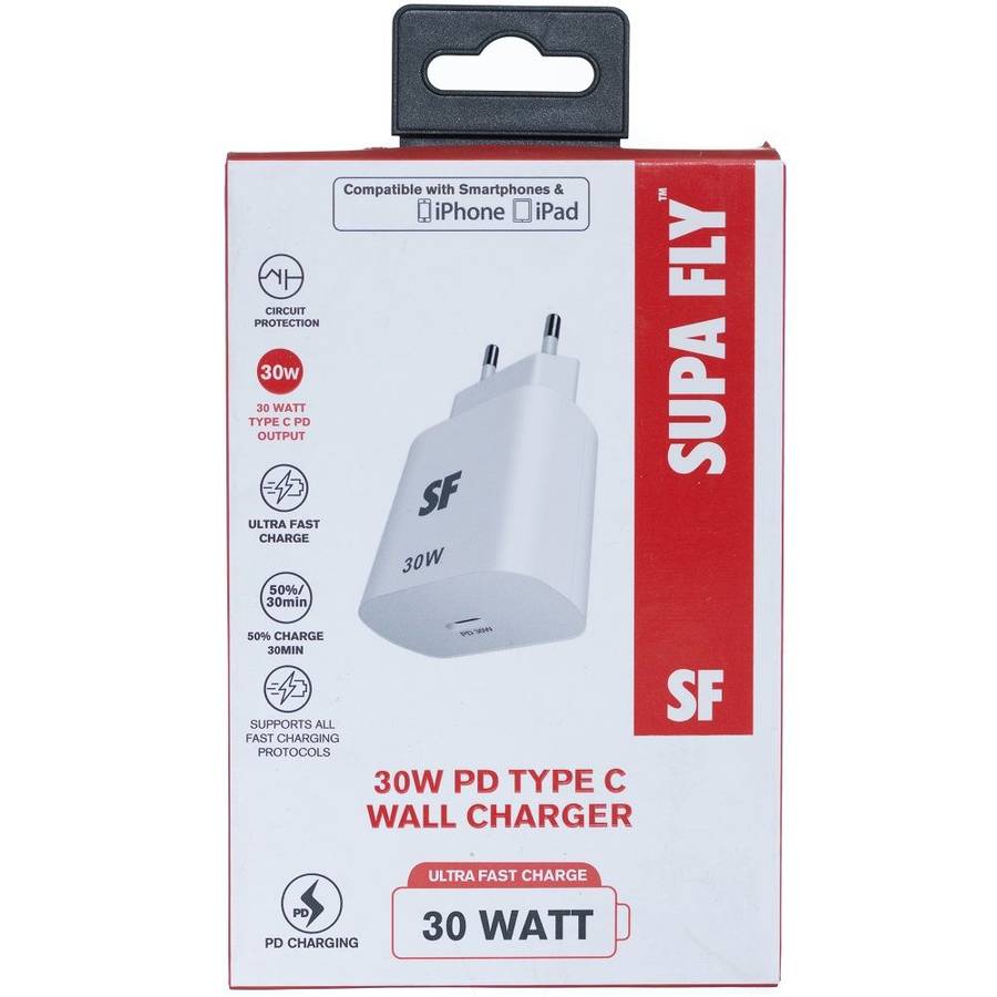 Rapid-Charge 30W PD Type-C Wall Charger Adapter Plug Supa Fly - White - 0.0 m - Ultra-Fast Charging