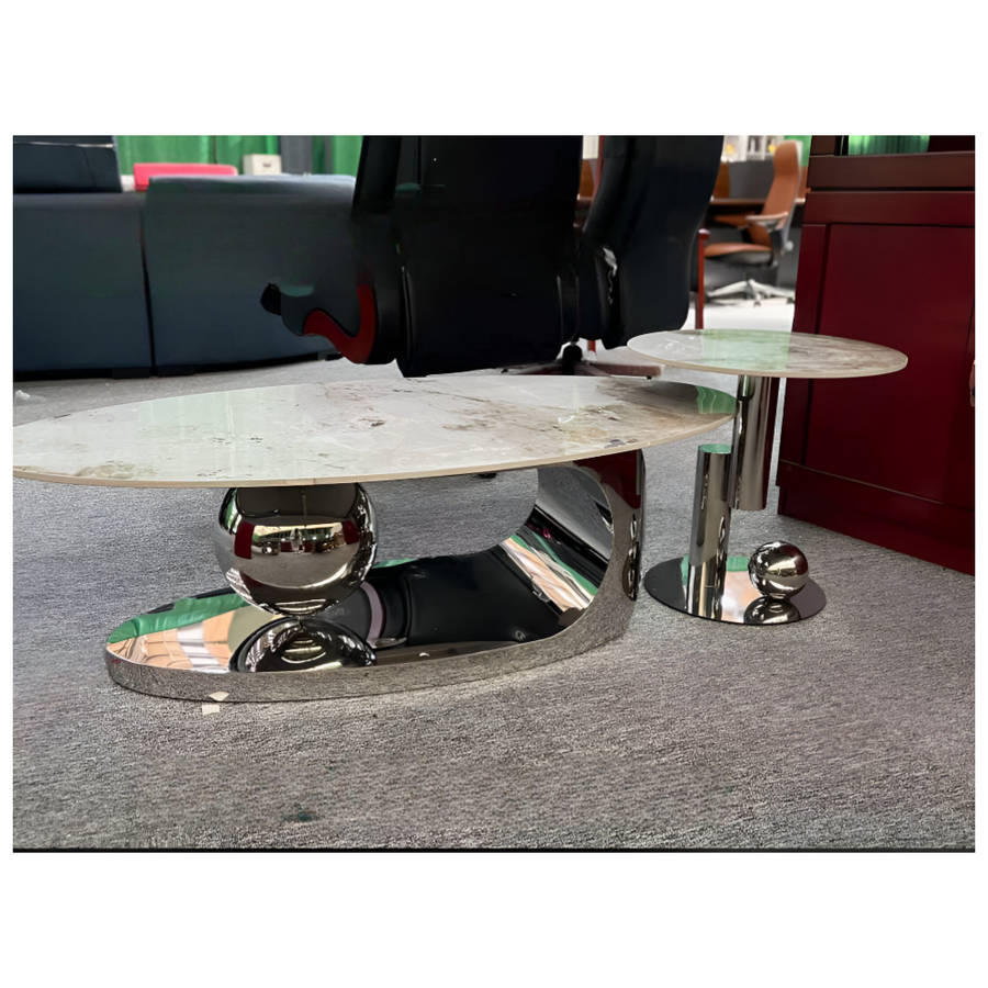 Modern 130 x 70cm Oval And 50cm Round Marble-Top Coffee Table