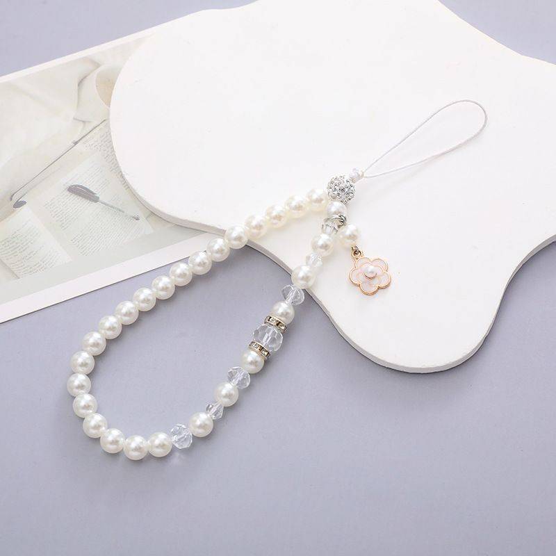 Beaded Crystal Pearls Phone Charm Chain with Patch - Black