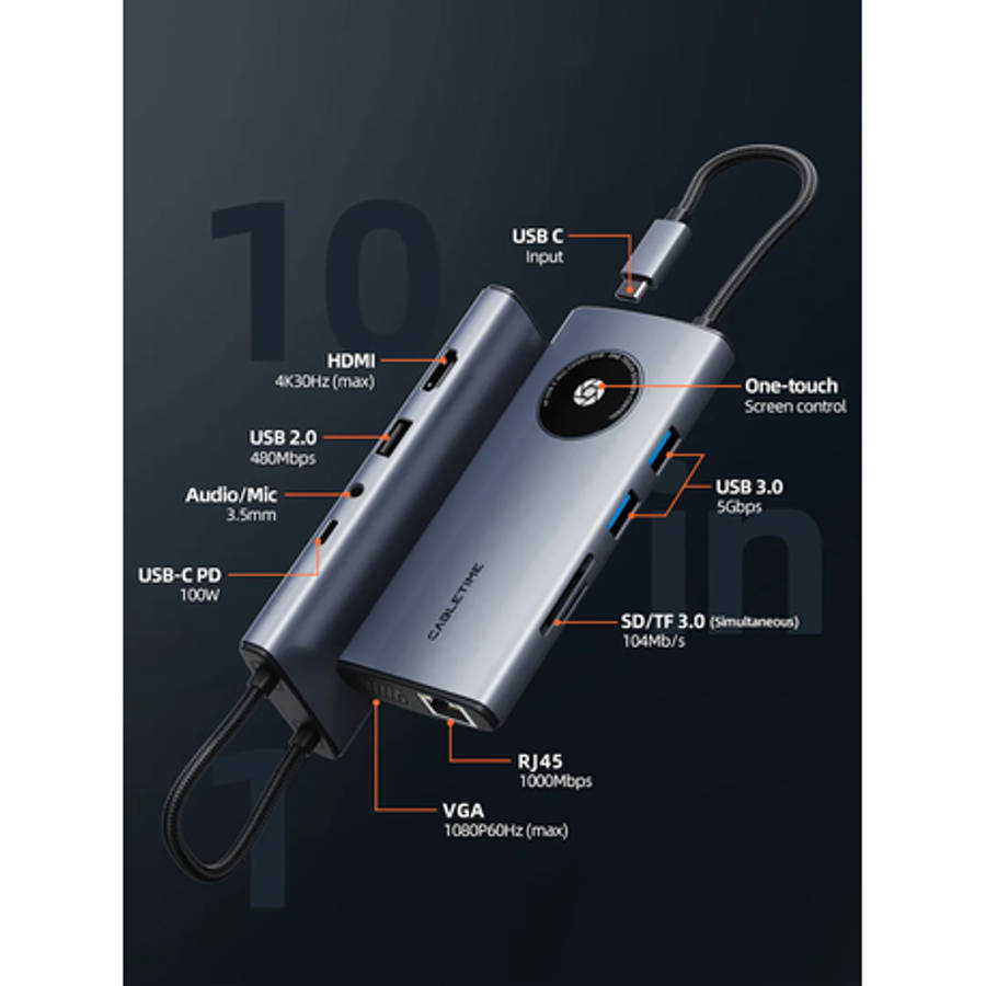Cabletime - 10 In 1 Multi USB C Hub Adapter 4K with VGA and HDMI Ethernet - Cabletime - 10 In 1 M...