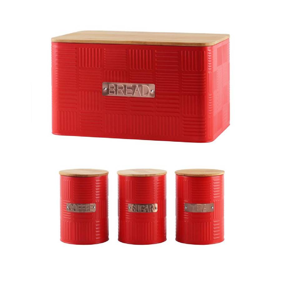 Bamboo Lid Bread Bin And Canister Set - Red (PLEASE READ DESCRIPTION)