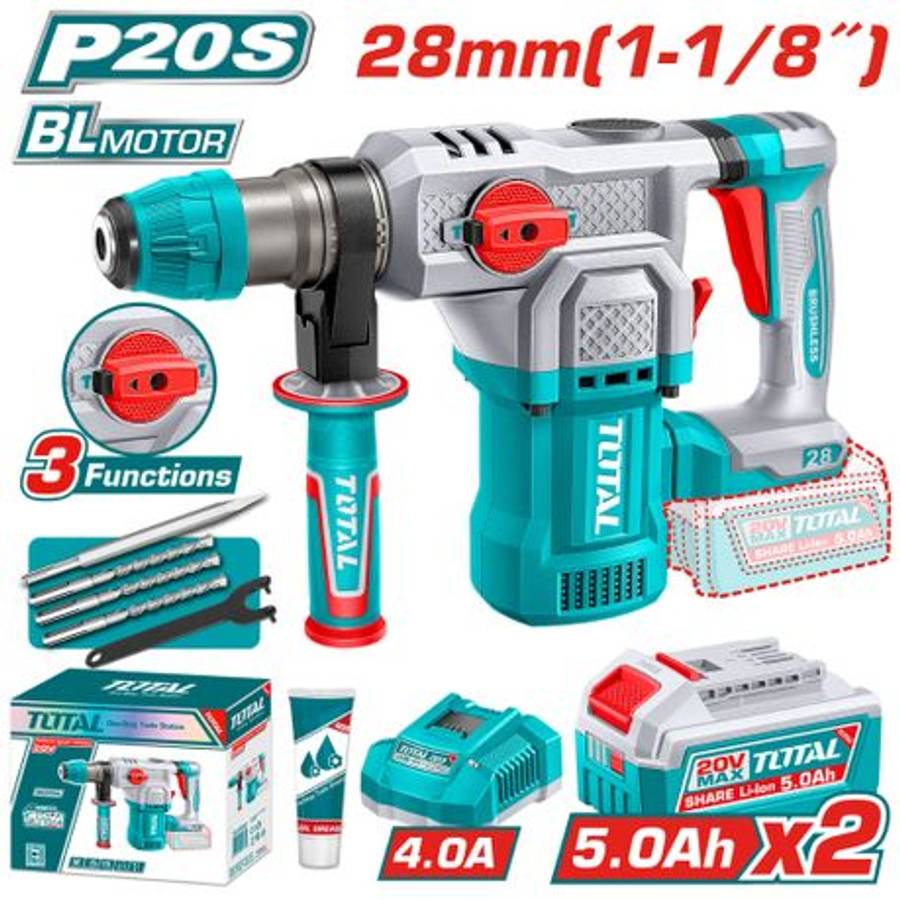 Total tools - Cordless Rotary Hammer 4.5J with 2 x 5Ah Batteries & Charger - Total tools - Cordle...