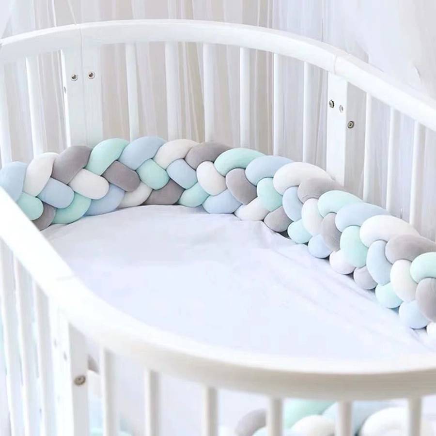 Baby Crib Bumper Knotted Braided Plush  GreyWhiteBlue