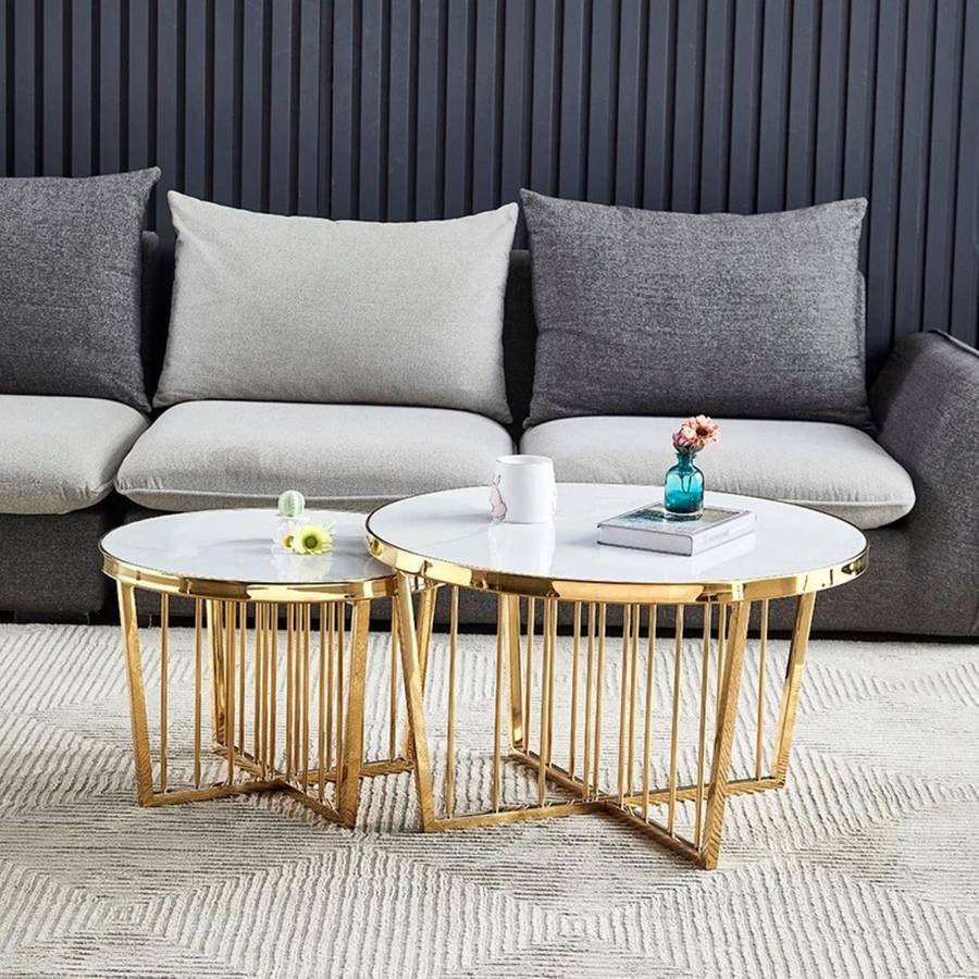 White, Gold Ceramic Round Coffee Table
