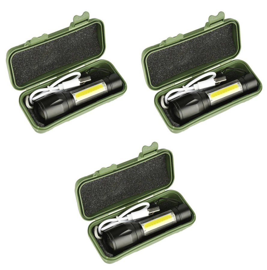 Mini Alloy USB Rechargeable Torch Flashlight with Zoom & Side Light - 3 Set