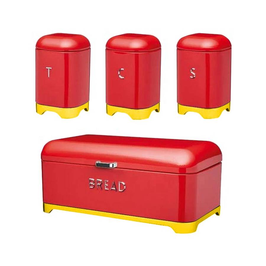 Breadbin with 3 Piece Matching Canister Set - Red, Gold