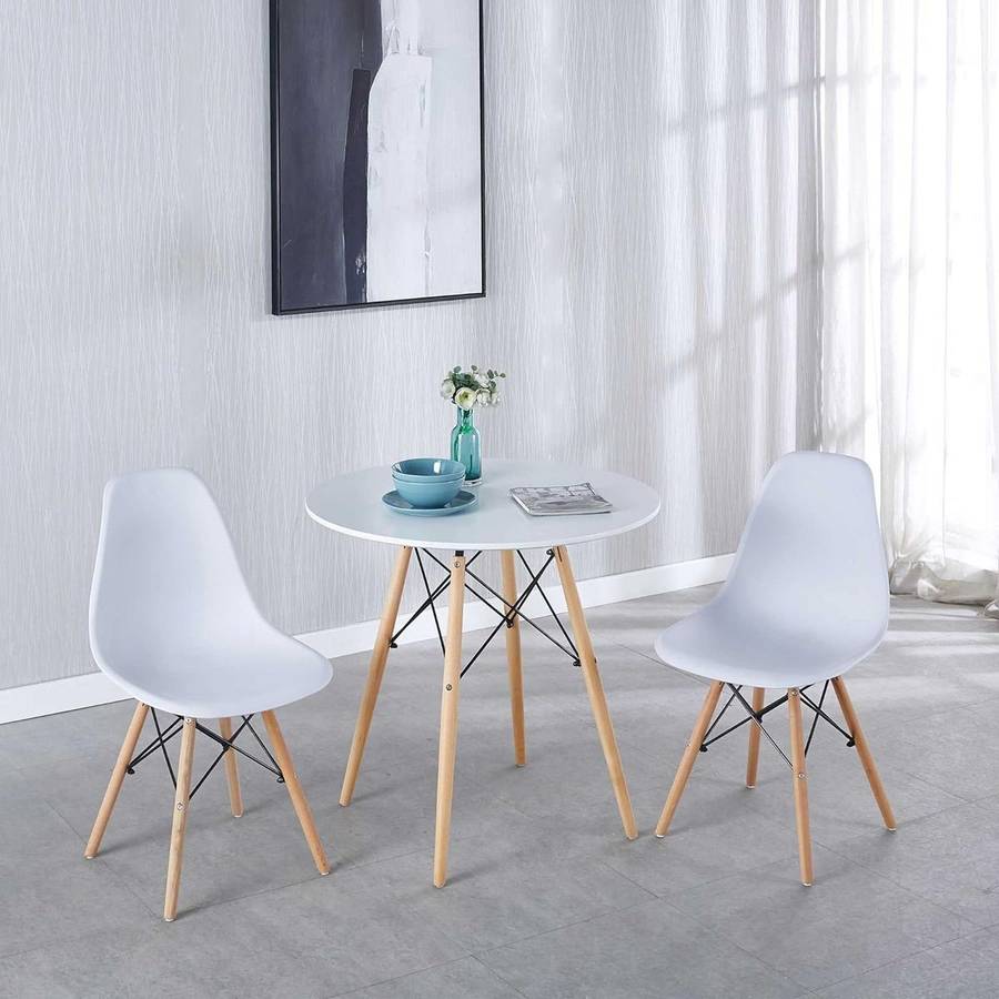 Dining Suites - Rounded Table with Two Wooden Leg Chairs - White Colour