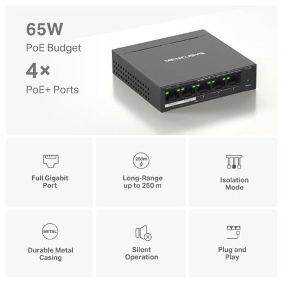 Mercusys - Tp-Link - Mercusys MS105GP 5-Port Gigabit Desktop Switch with 4-Port PoE+ - Mercusys -...