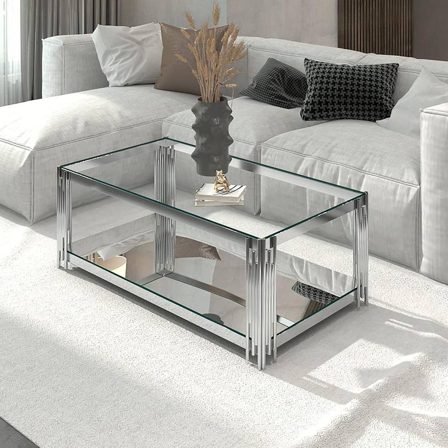 Coffee Tables -RectangularClear Tempered Glass Top with Steel Frame-Silver