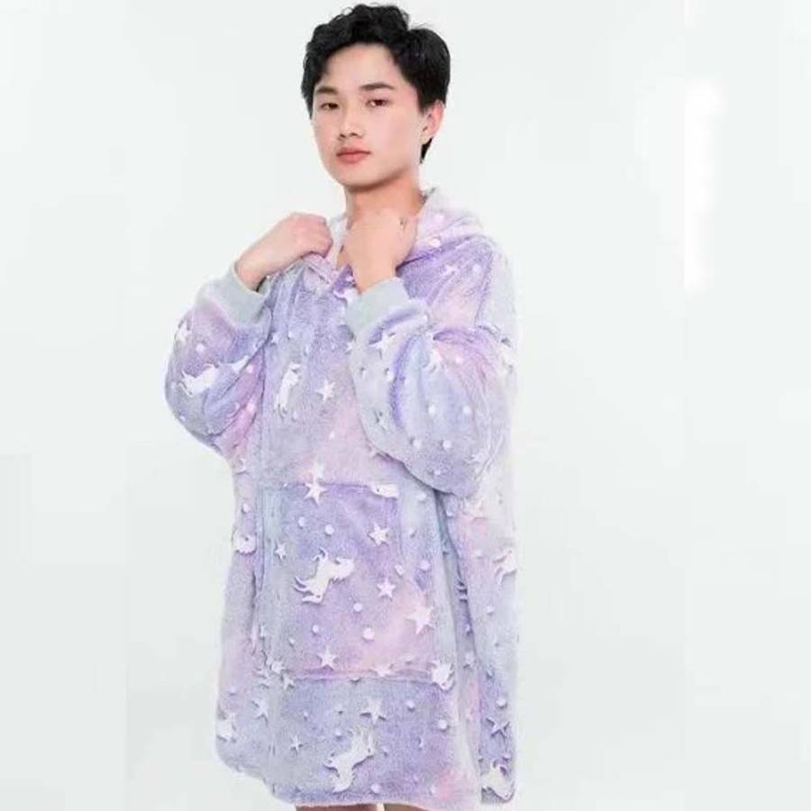 Glow in the Dark Oversized Hooded Blanket - Purple Unicorn Pattern