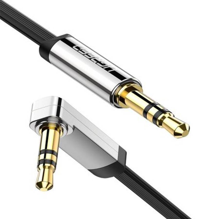 UGreen AV119 Right-angled 3.5mm Flat Aux Cable 2m - Black/Silver - UGreen AV119 Right-angled 3.5m...