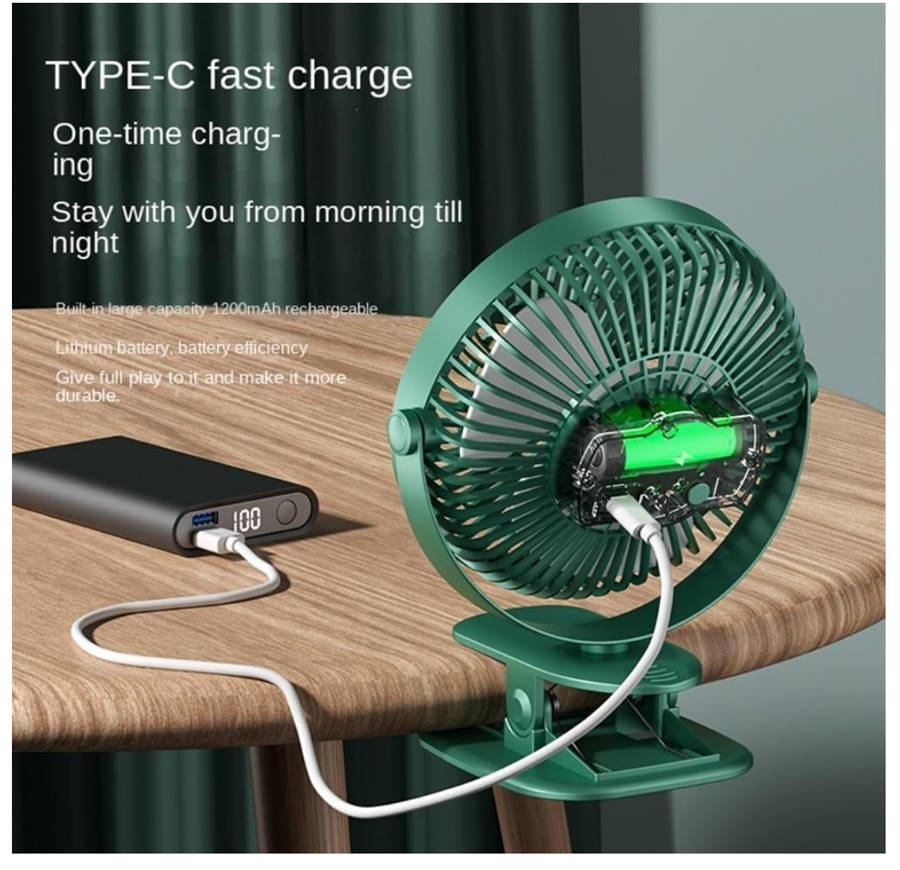Electric Desktop Clip Fan 1200mAh 3 Gears Portable Quiet Office Camping