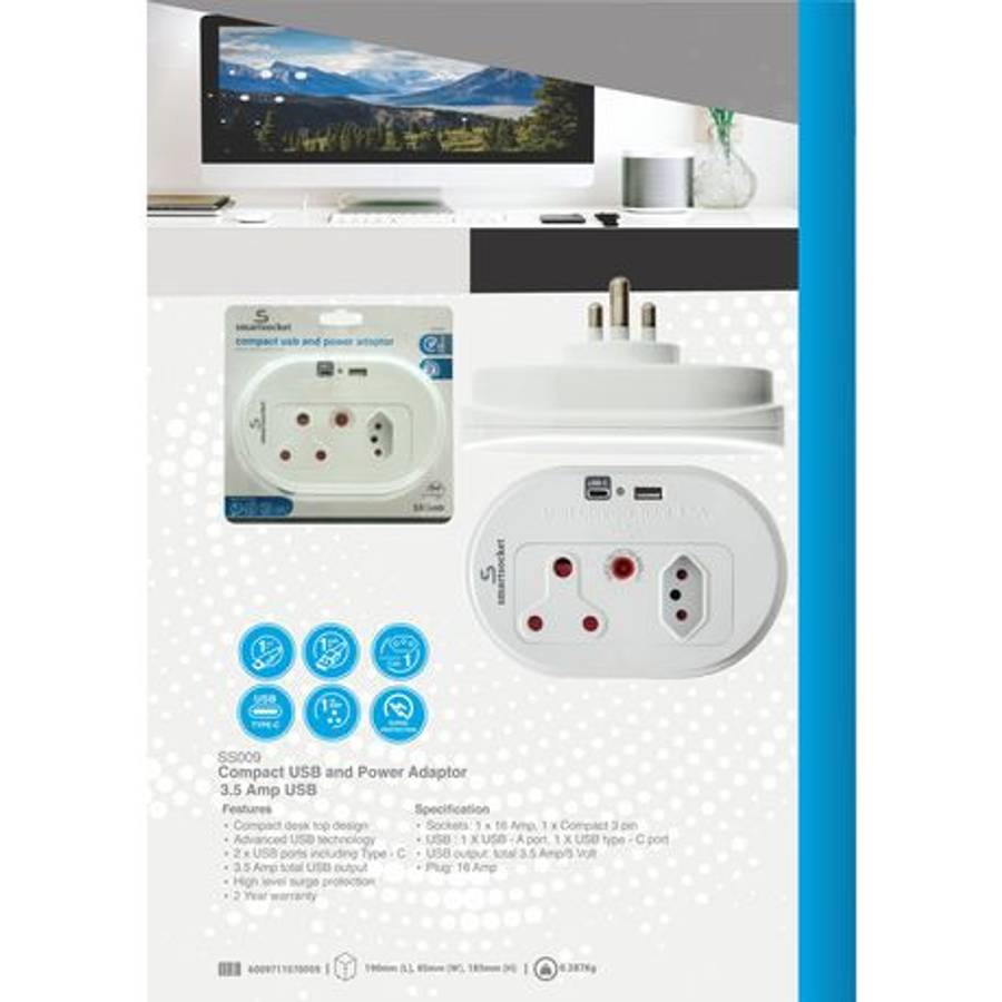 Smartsocket Compact USB and Power Adaptor 3.5 Amp USB - SS009 - Smartsocket Compact USB and Power...