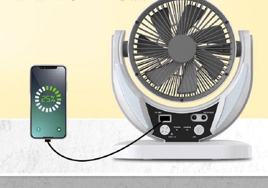 6" Rechargeable Solar Fan with 4500mah Battery & Night Light and Power Bank