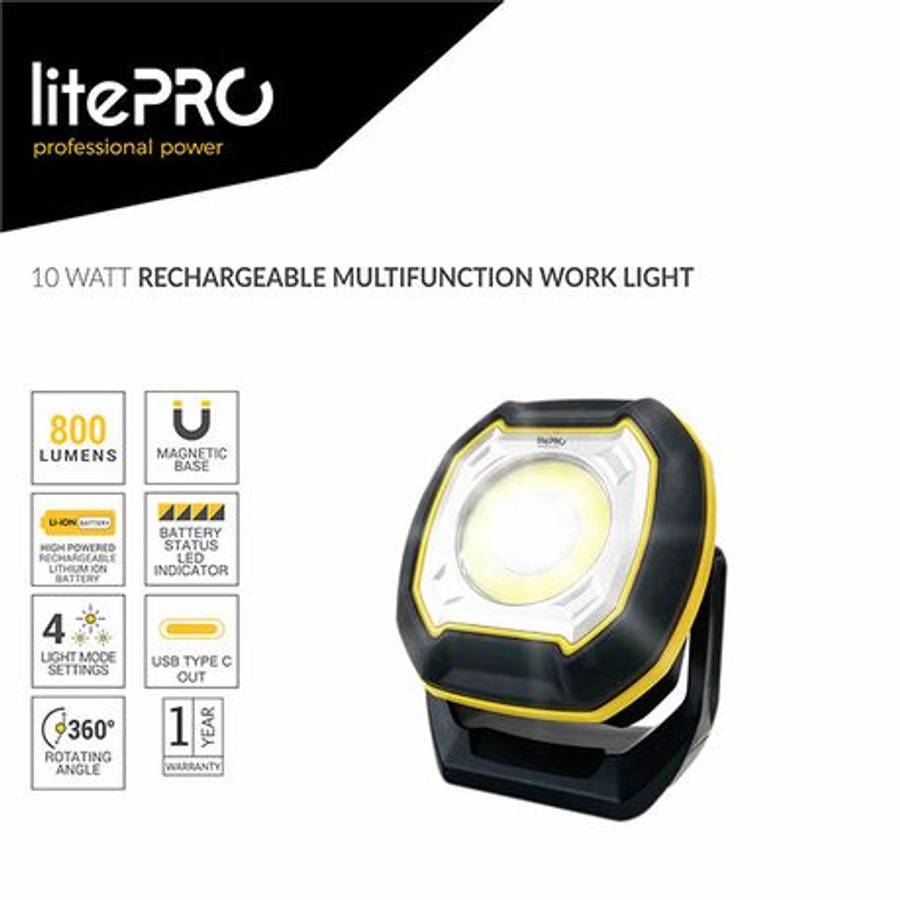 LitePro 10W Rechargeable Multifunction Work Light (800 Lumens) - Black - LitePro 10W Rechargeable...