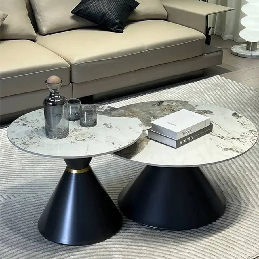Metal Base and Marble Glass Top Coffee Table Set - 2 Piece Set
