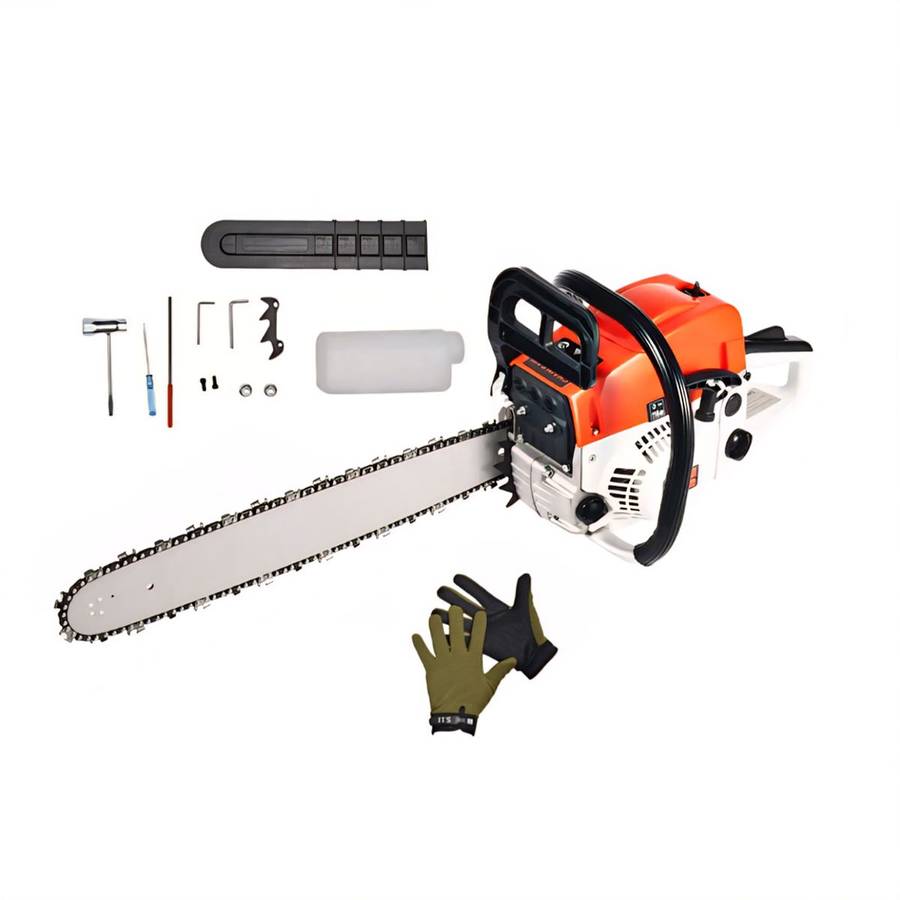 52cc 20 INCH 2-Stroke Petrol Power Chainsaw With Tool Kit & Gloves- 7500Rpm
