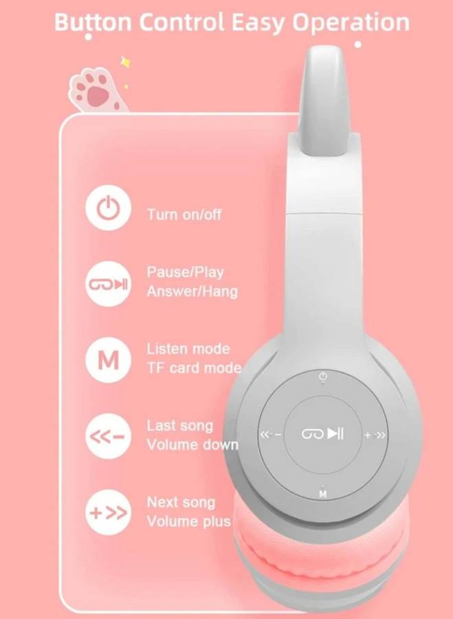 Cat Ear Wireless Bluetooth Headphones - LED Light Up - Grey