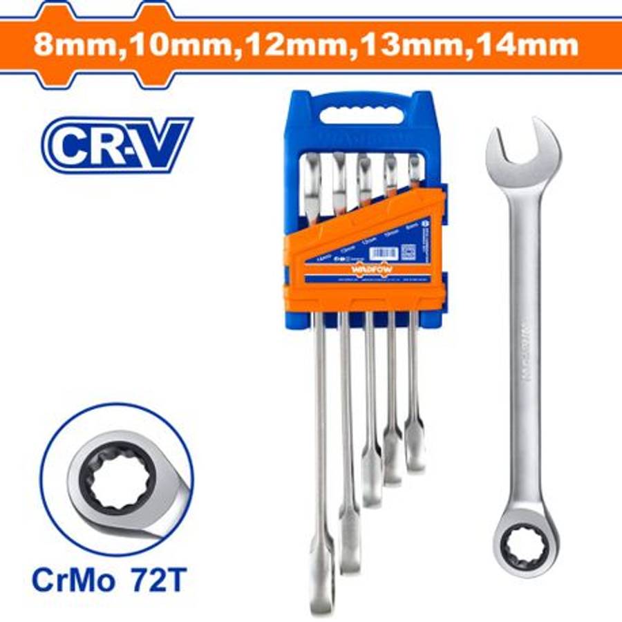 Wadfow - 5Pce Spanner Ratchet Set (Cr-Mo 8-14mm) - Wadfow - 5Pce Spanner Ratchet Set (Cr-Mo 8-14mm)