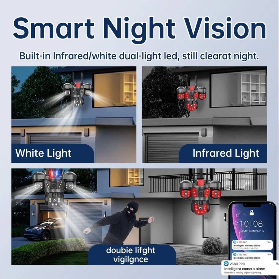 Solar Security Wi-Fi Camera, 3 lenses, 12MP, night vision, waterproof.