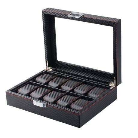 Jack Brown Luxury 10-Slot Carbon Fiber Watch Display Box - Black -BROKEN GLASS