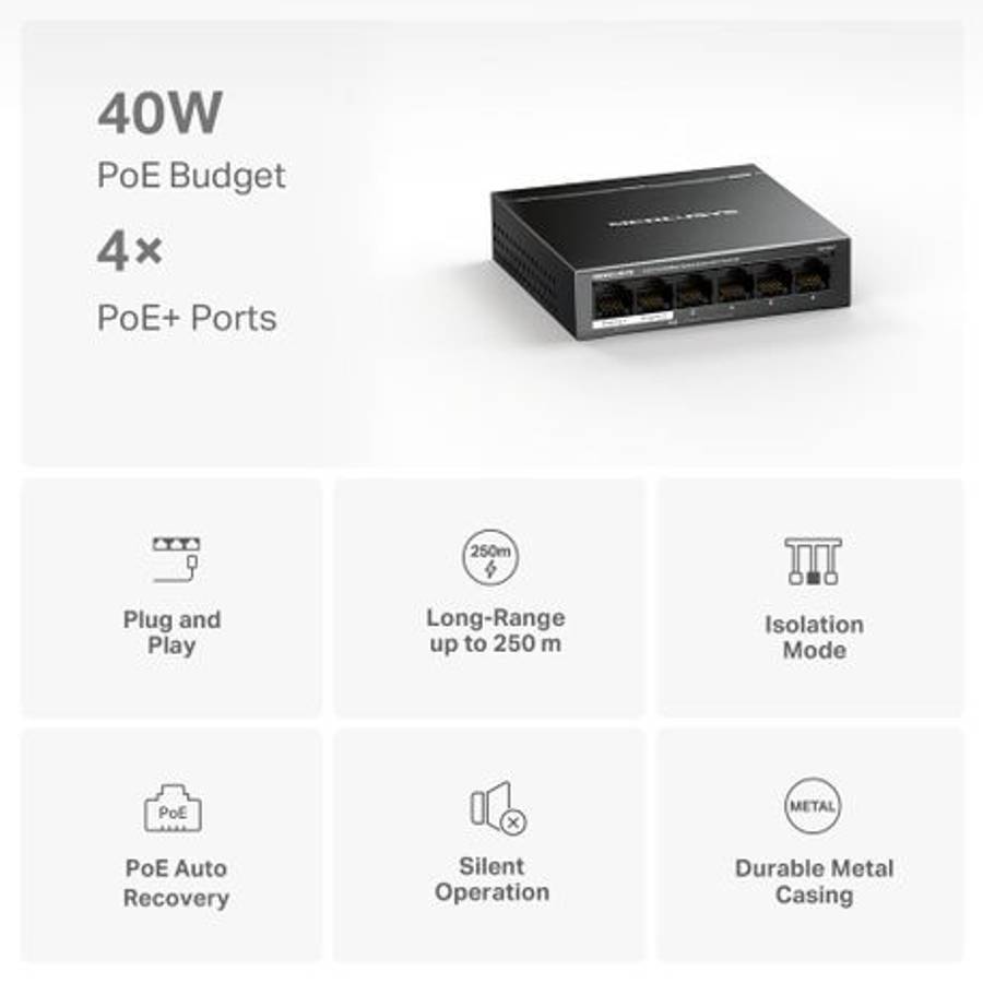 Mercusys - MS106LP 6-Port 10/100Mbps Desktop Switch with 4-Port PoE+ - Mercusys - MS106LP 6-Port ...