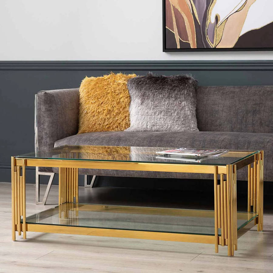 Coffee Tables -Rectangular Tempered Glass Top with Steel Frame-CS-12 - Gold