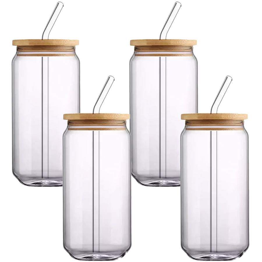 500ml Cocktail Drinking Glasses with Bamboo Lid and Glass Straw - Set of 4