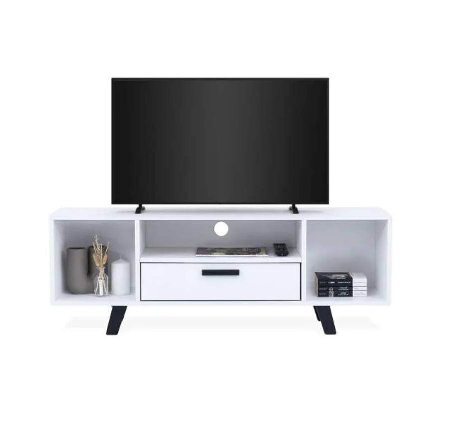 Modern TV Unit with Hinged Storage Door & Open Shelves - MDF Superwood -White