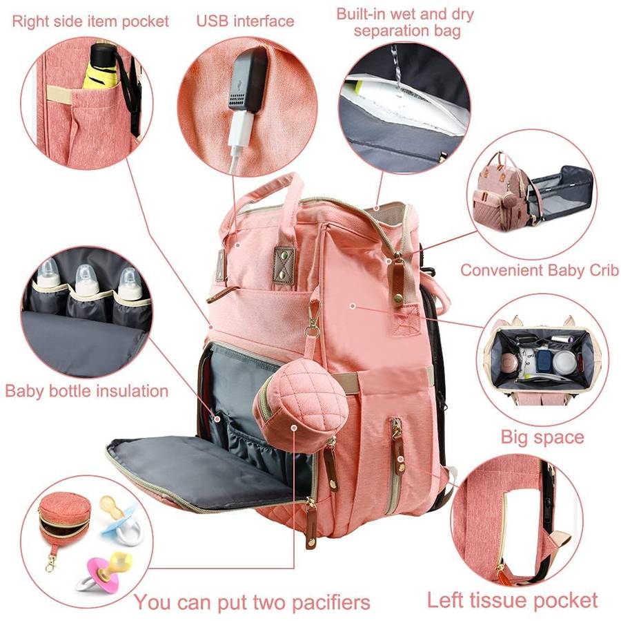 Multi-functional baby diaper bag & Bed - Pink