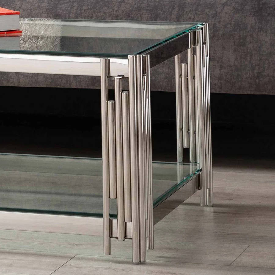 Coffee Tables -RectangularClear Tempered Glass Top with Steel Frame-Silver